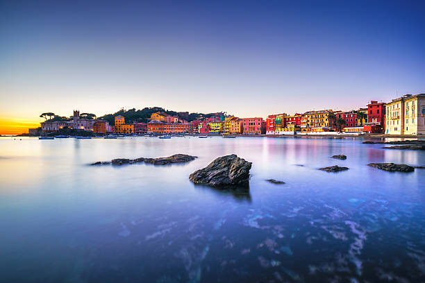 istock Sestri Levante, silence bay rocks, sea  beach view on sunset. 637060880