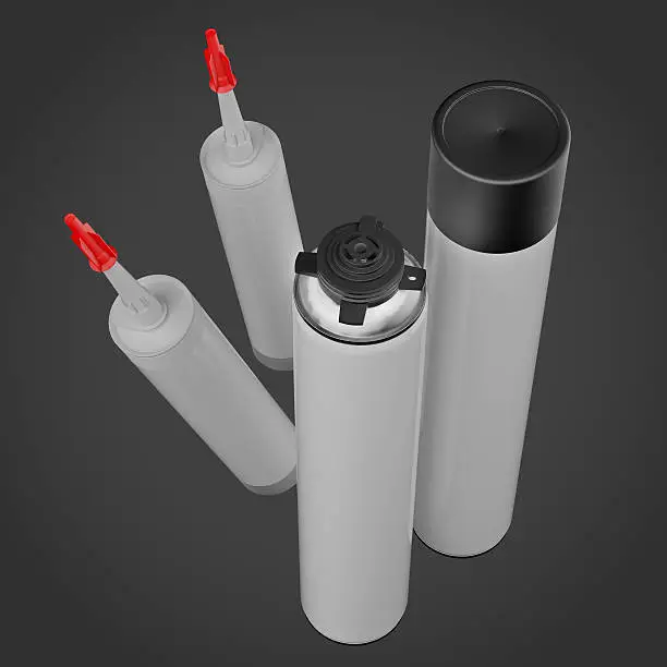 Set bottles with construction foam isolated on dark background. 3d rendering