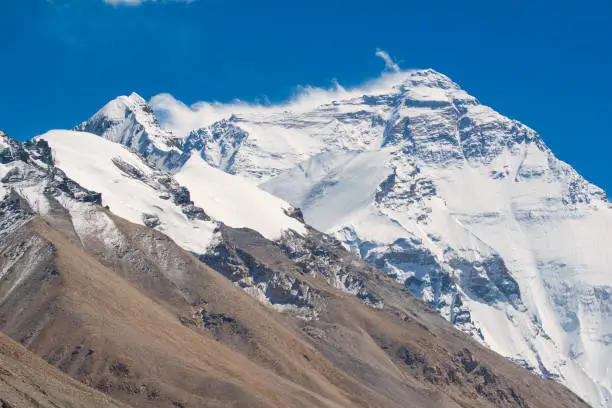 Mt. Everest, with 8848 m wold´s highest mountain. Northface seen from the basecamp near Rongbuk, Tibet/China.