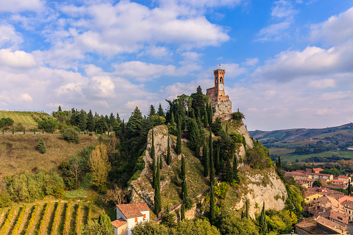 Brisighella is a small town characterized by a beautiful old town and by three rocky pinnacles, on which rest its three landmarks: a fortress, a sanctuary and a Clock tower. Emilia Romagna, Italy.