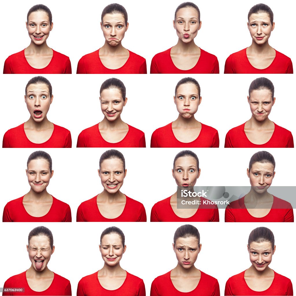 Mosaic of woman with freckles expressing different emotions. Mosaic of woman with freckles expressing different emotions expressions. The woman with red t-shirt with 16 different emotions. isolated on white background. studio shot. Facial Expression Stock Photo