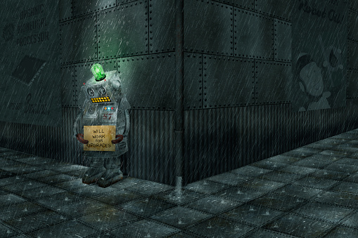 Conceptual photo illustration depicting themes of obsolete technology, abandonment and disenfranchisement, technological dysphoria, and the replacement of workers with technology. Scene shows an obsolete robot, living in a harsh and cold metal city, standing on a street corner begging for upgrades. The robot is slumped over, dirty, in poor mechanical condition, and has a facial expression of defeat and desperation. The robot's lights, switches and dials are arranged to evoke military medals and insignia, amplifying the feelings of disenfranchisement and abandonment. Ads on the wall subtly hint at a world that has left the robot far behind technologically. It is raining heavily, and the robot is unsheltered. The robot holds a cardboard sign that reads, 