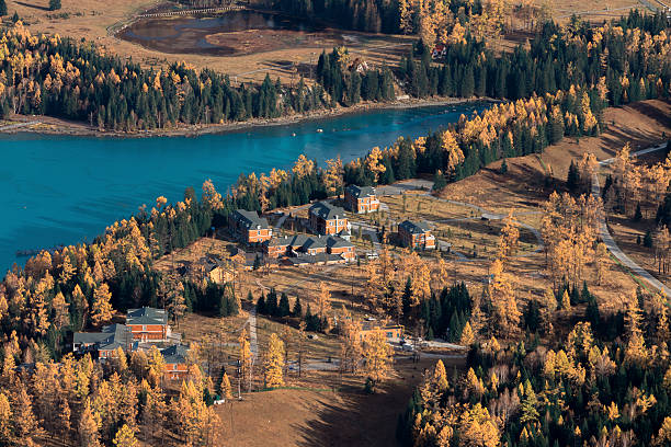 Yellow trees, and snow mountain on the background, Hotels and village in the front.