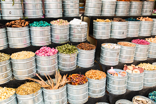 Selection of Dry flowers and spices in the Souk of Marrakesh, Morocco.