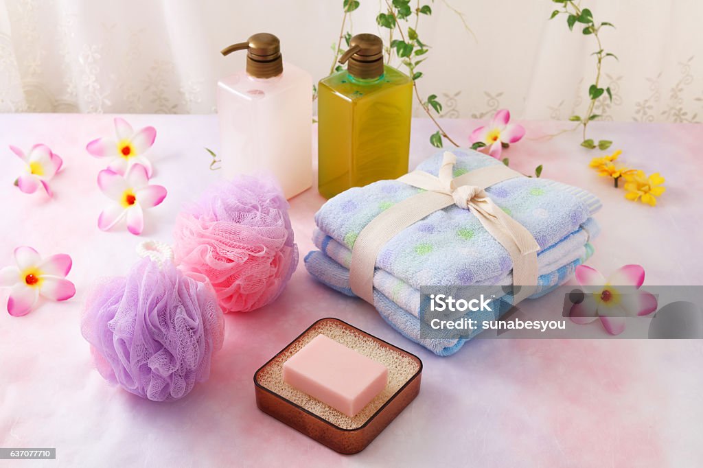 Bath time Lovely bath products on the table Aromatherapy Stock Photo