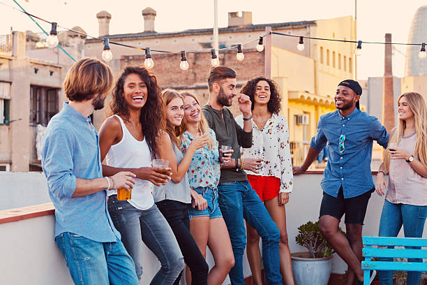 istock Happy friends at the rooftop party 637077776