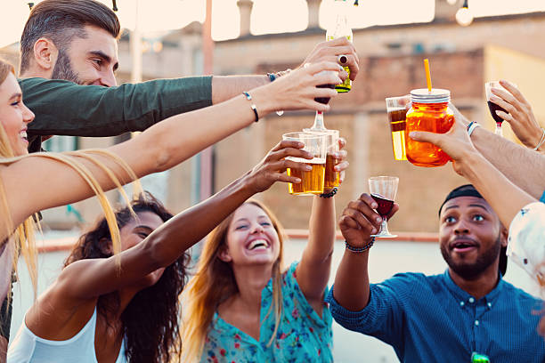 istock Happy friends at the rooftop party 637078260