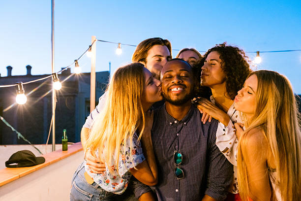 istock Happy friends at the rooftop party 637079202