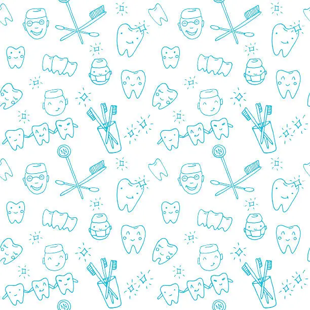 Vector illustration of Seamless pattern kawaii dentist with teeth, toothbrush, smile, dental tools