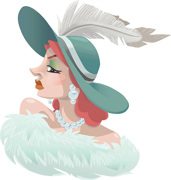 1920s High Society Red Head Woman with Feathered Hat A bust shot of a red haired woman from the 1920s era wearing a large brimmed green hat with a feather, a boa and large pearl earrings and a necklace. Vector EPS10. haute couture stock illustrations