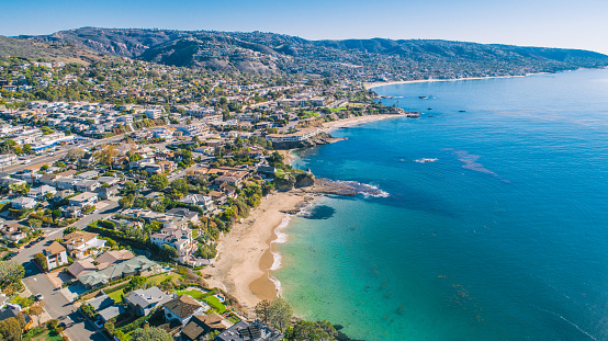 A view of the Main Beach Coastline in Laguna Beach, Southern California. Laguna Beach is a beach community that is a popular tourism destination and is located in Orange County.