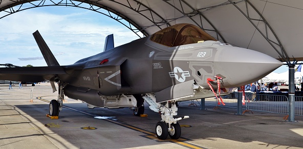 Pensacola, FL, USA - November 11, 2016: A U.S. Air Force F-35 Joint Strike Fighter (Lightning II) jet in a hangar. This F-35 is assigned to the 33rd Fighter Wing at Eglin Air Force Base.