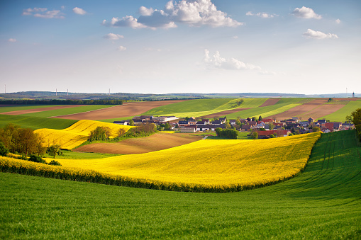 Austria spring colza fields. Village on a hills. Green and yellow spring fields. Spring meadows on hills
