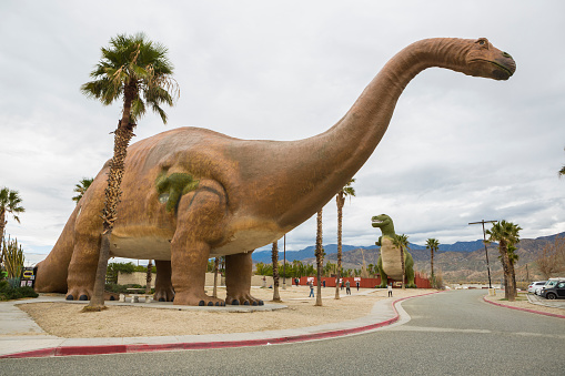 Cabazon, CA USA - December 30, 2016: Ms Dinny, a 150-ton building shaped like a larger-than-life-sized Brontosaurus and Mr Rex, a 100-ton Tyrannosaurus rex  at the roadside attraction off interstate 10 highway known as Claude Belle's Dinosaurs.