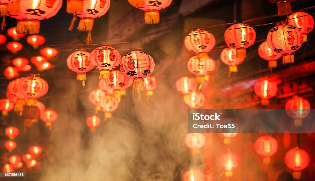 Chinese new year lanterns in chinatown Chinese new year lanterns in chinatown, firecracker celebration Chinese New Year Stock Photo