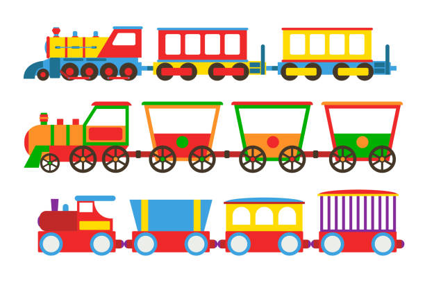 Toy train vector illustration. Cartoon toy train with colorful blocks isolated over white vector set. Railroad and cartoon carriage game fun leisure joy gift. Locomotive transportation set. school sport high up tall stock illustrations