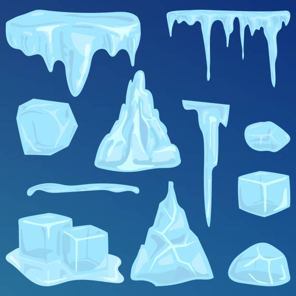 Set of ice caps snowdrifts and icicles elements winter decor Set of ice caps seasonal style sharp frozen icon. Snowdrifts icicles and elements winter decor vector illustration. Transparent arctic snowy cold water decoration. icicles melting stock illustrations
