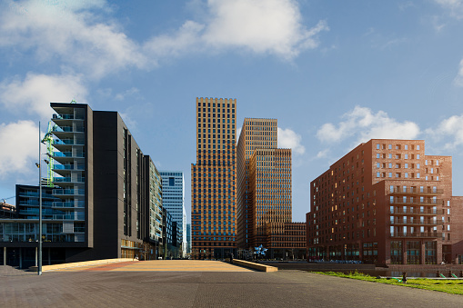 Amsterdam business district with office buildings at Amsterdam Zuid, Amsterdam, Netherlands.