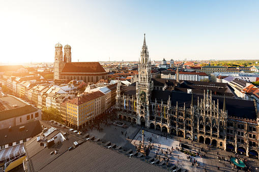 Aerial view on Munich old town hall or Marienplatz town hall and Frauenkirche in Munich, Germany