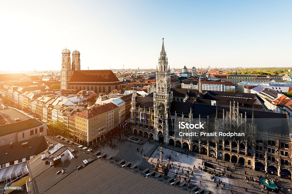 Aerial view on Munich old town hall in Munich, Germany Aerial view on Munich old town hall or Marienplatz town hall and Frauenkirche in Munich, Germany Munich Stock Photo