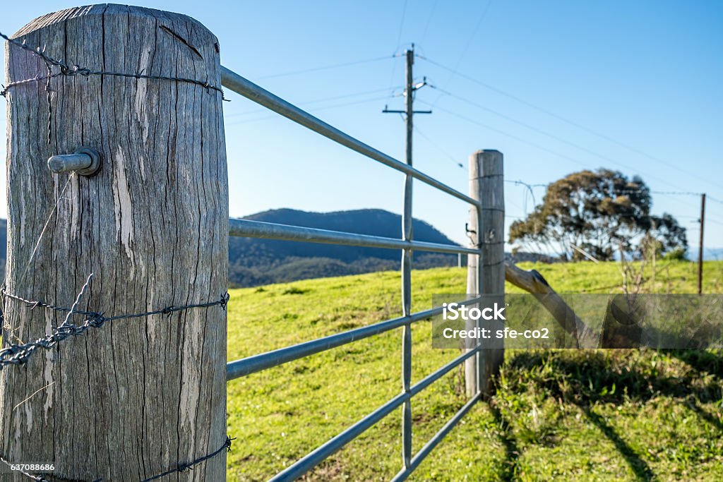 Livestock fence post and paddock Livestock fence post and paddock commonly seen in the rural countryside. Farm Stock Photo