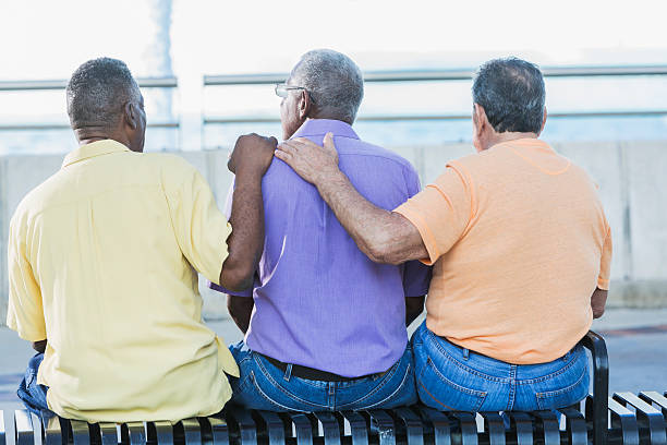 Three multi-ethnic senior men sitting on bench Rear view of three multi-ethnic senior men sitting together on a park bench. The two men on the ends seem to be comforting their African American friend sitting between them. park bench photos stock pictures, royalty-free photos & images