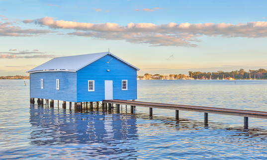 Perth, Australia – July 19, 2016: The iconic blue Crawley Edge Boatshed is a well-recognized and frequently photographed site in Perth. It is thought to have been constructed in the early 1930s and has since been refurbished.