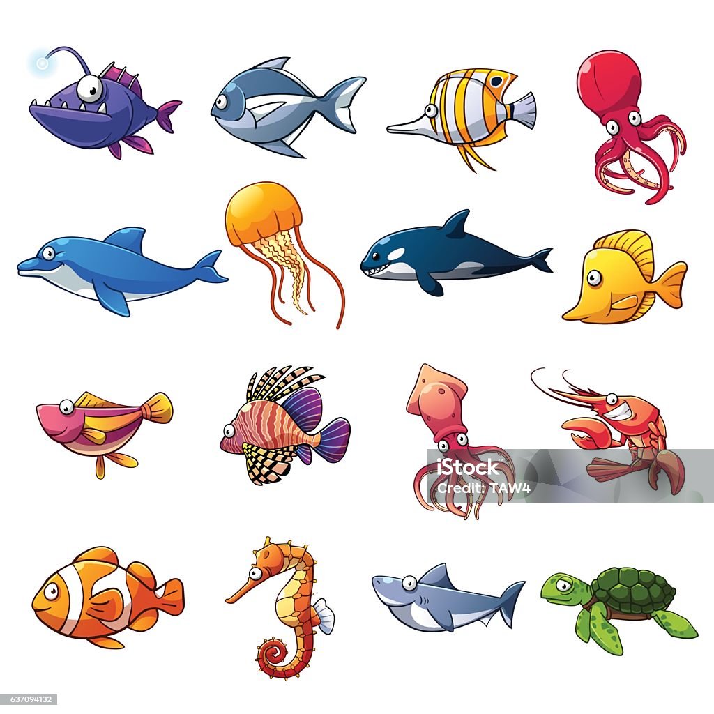 Cartoon Collection Of Fish And Sea Animals Stock Illustration - Download  Image Now - Cartoon, Fish, Murderer - iStock