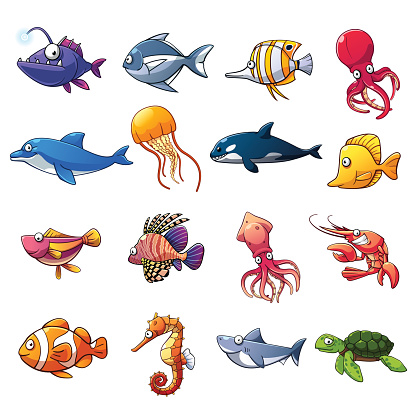 Cartoon Collection Of Fish And Sea Animals Stock Illustration - Download  Image Now - Cartoon, Fish, Murderer - iStock