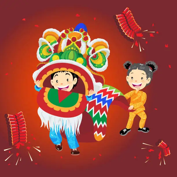 Vector illustration of Child Paying Lion Dancing