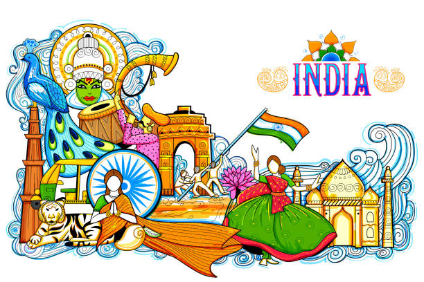 ilustrações de stock, clip art, desenhos animados e ícones de india background showing its incredible culture and diversity with monument - traditional ceremony illustrations