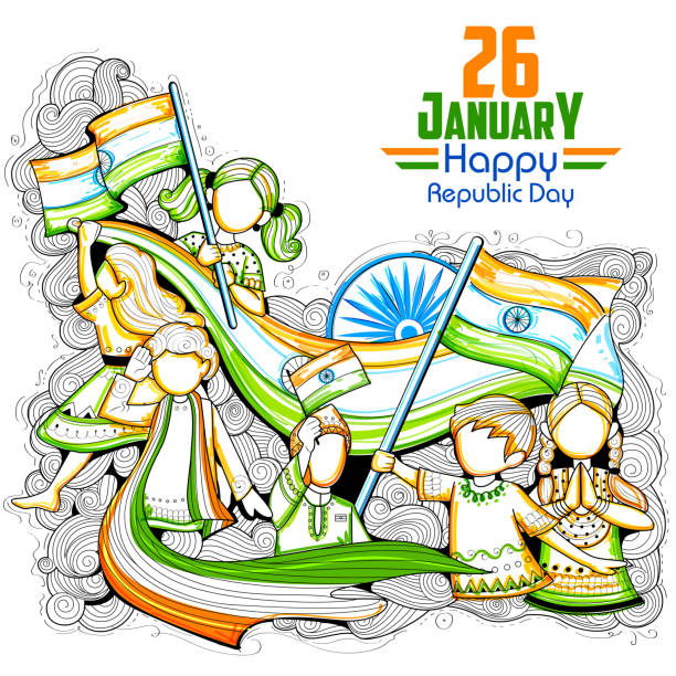 ilustraciones, imágenes clip art, dibujos animados e iconos de stock de niños indios ondeando bandera tricolor celebrando el día de la república de la india - child patriotism saluting flag