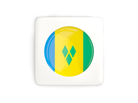 Square button with round flag of saint vincent and the grenadines isolated on white. 3D illustration