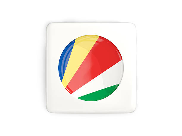 Square button with round flag of seychelles isolated on white. 3D illustration