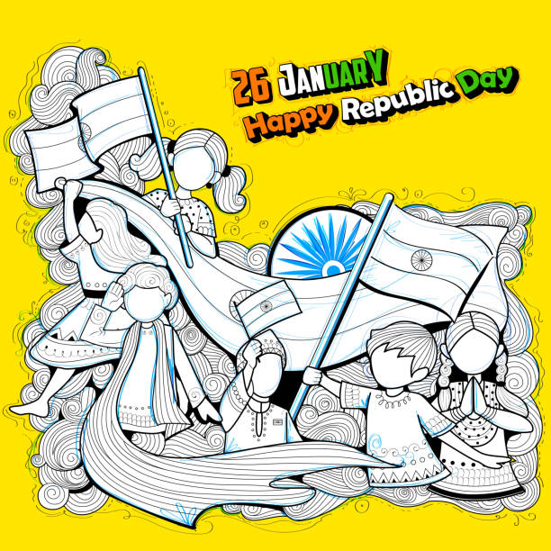 ilustraciones, imágenes clip art, dibujos animados e iconos de stock de niños indios ondeando bandera tricolor celebrando el día de la república de la india - child patriotism saluting flag