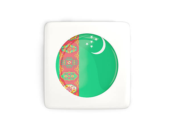 Square button with round flag of turkmenistan isolated on white. 3D illustration