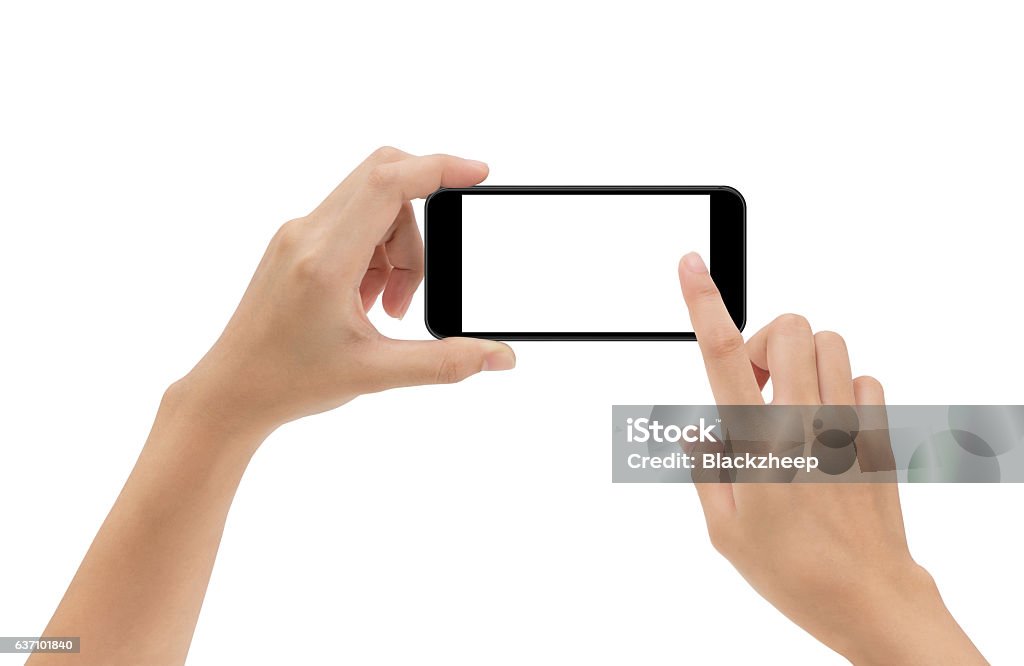 la mano sosteniendo el teléfono móvil y la pantalla táctil aislada sobre blanco - Foto de stock de Actividad móvil general libre de derechos