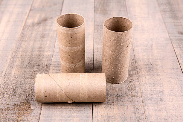 istock Three empty toilet paper rolls isolated on a wood background 637102062