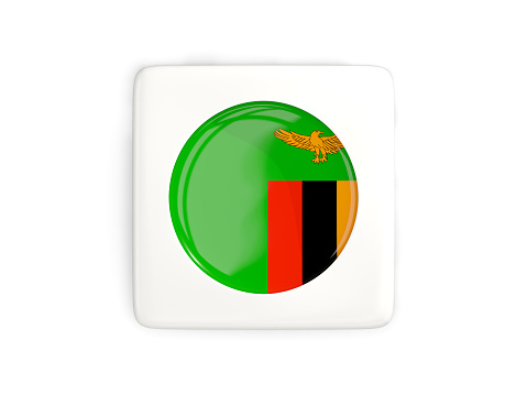 Square button with round flag of zambia isolated on white. 3D illustration