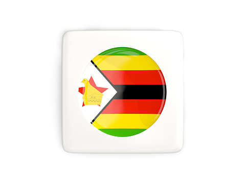 Square button with round flag of zimbabwe isolated on white. 3D illustration