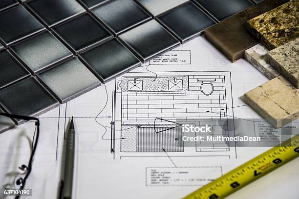 Tile Floor And Natural Stone Color Samples Over Design Drawings Stock Photo - Download Image Now