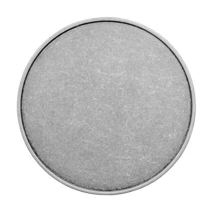 Blank templates for coins or medals with metal texture. Silver, isolated on white background