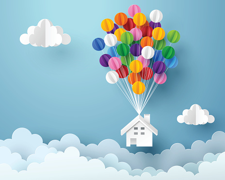 Paper art of house hanging with colorful balloon, business and asset management concept and paper art idea, vector art and illustration.