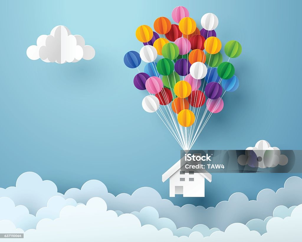 Paper art of house hanging with colorful balloon Paper art of house hanging with colorful balloon, business and asset management concept and paper art idea, vector art and illustration. House stock vector