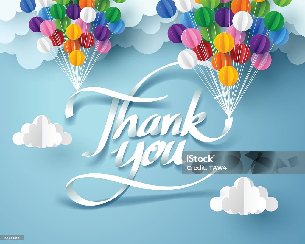Paper art of thank you calligraphy hand lettering Paper art of thank you calligraphy hand lettering hanging with colorful balloon, vector art and illustration. Thank You - Phrase stock vector