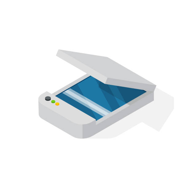 Realistic printer vector isometric illustration. Office equipment printer isometric vector symbols isolated on white. Business modern illustration flat technology workstation. Cabinet tool house industry object. bar code reader photos stock illustrations