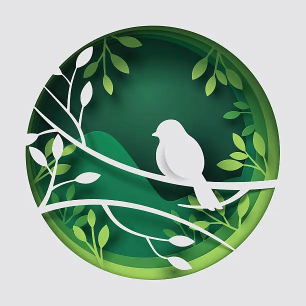 Vector illustration of Paper art carve to bird on tree branch in forest