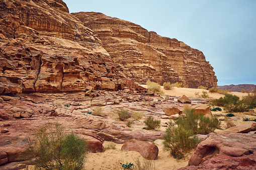Great view of red rocks in Wadi Rum desert in Jordan