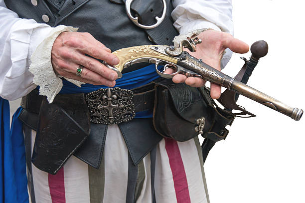 istock Pirate actor holding 18th Century replica flintlock pistol 637112664
