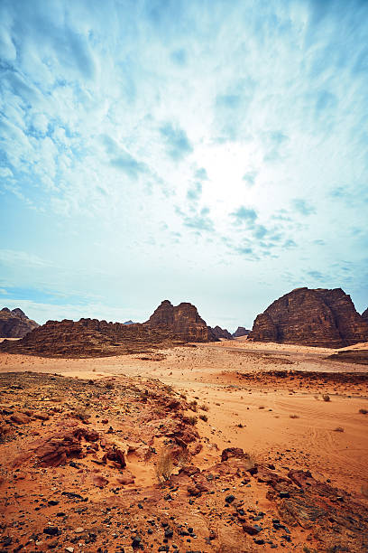 istock Great landscape with red rocks in Wadi Rum desert 637112970